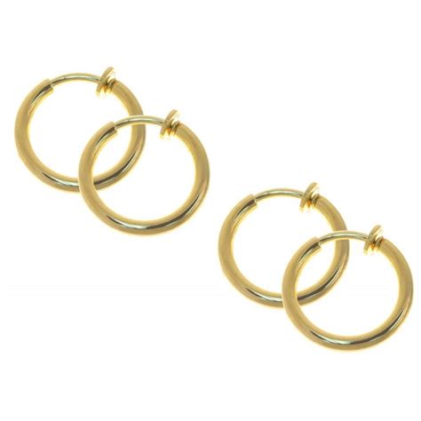 Two Pair Of Thicker Gold Color 78 Inch Clip On Hoop Earrings Non Pierced Hoop Earrings