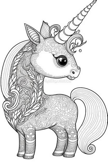 Una página para colorear de un unicornio con una larga melena y una