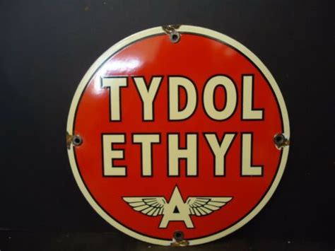 OLD VINTAGE FLYING A TYDOL WITH ETHYL GASOLINE PORCELAIN ENAMEL GAS