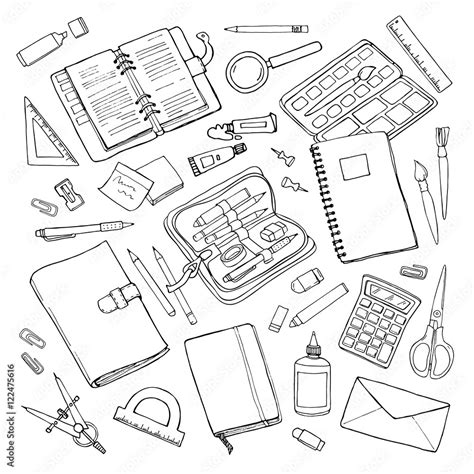 Vector Sketchy Outline Drawing Stationary Set Isolated On White Stock