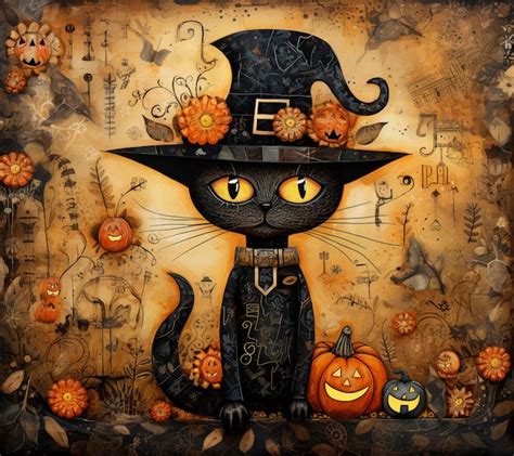 Premium Photo Painting Of A Black Cat Wearing A Witch Hat And