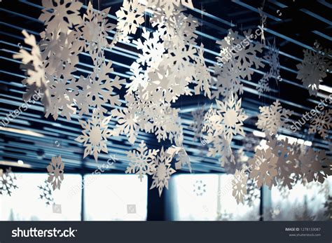 Christmas Decoration Snowflakes On Ceiling Office Stock Photo ...