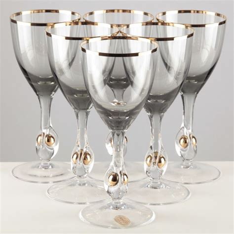 6 edle Weingläser 17 cm Gläser grau Bohemia Glass Gold Rand Kugel