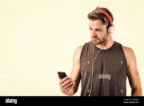 Inspiring Music Concept Man Handsome Unshaven Hipster Listen Music Using Headphones Gadget