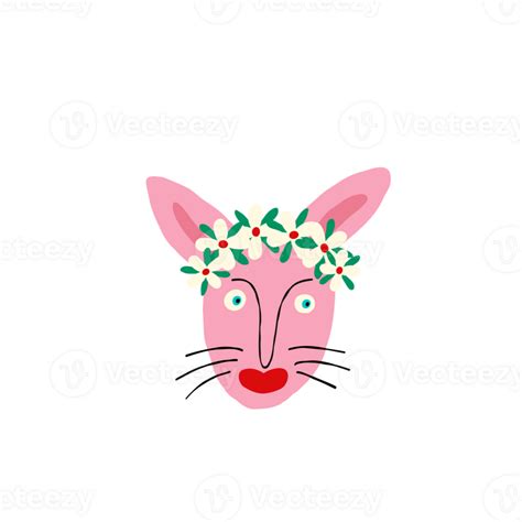 Lovely Bizarre Pink Bunny Face With Floral Wreath Modern Hand Drawn