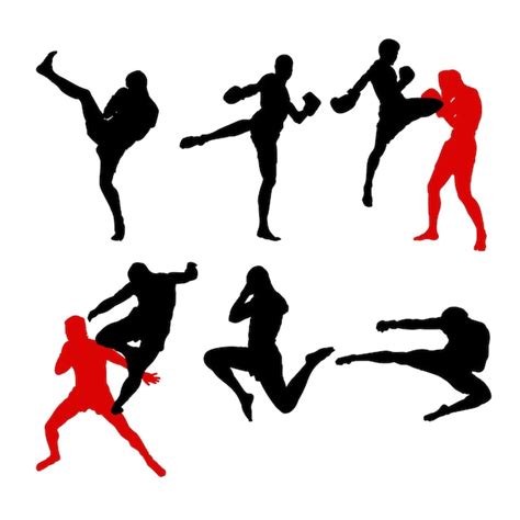 Conjunto De Siluetas De Muay Thai De Artes Marciales Vector Premium