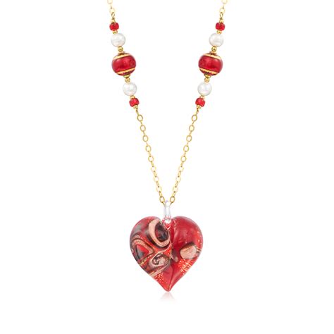 Italian Red Murano Glass Heart Necklace With 6 7mm Cultured Pearls In