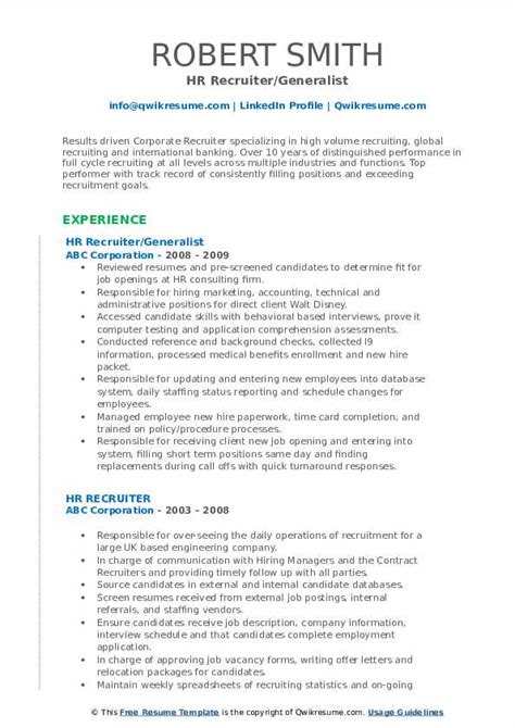 Hr Recruiter Resume Samples Qwikresume