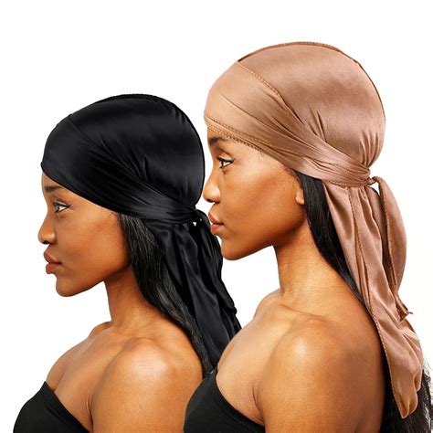 2 Pcs Silky Satin Durags For Men Designer Long Tail Beanies Doo Rags