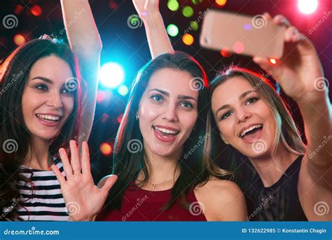 Smiling Girls Taking Selfie In A Night Club Stock Image Image Of