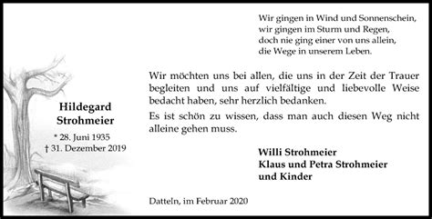 Traueranzeigen Von Hildegard Strohmeier Sich Erinnern De