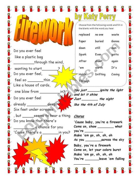 Firework By Katy Perry Esl Worksheet By Jwendt