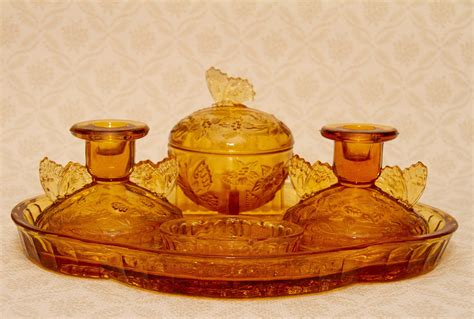 Sowerby Glass Amber Dressing Table Set Butterfly Tray Candlesticks Trinket Dish Small Tray