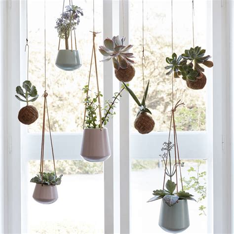 Set Of Two Hanging Ceramic Planters With Leather Straps By Lilac Coast