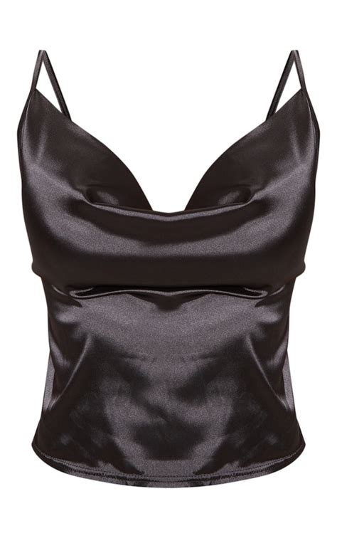 Black Satin Crop Cowl Neck Cami Tops Prettylittlething