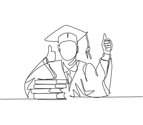 One Line Drawing Of Young Happy Graduate Male College Student Wearing