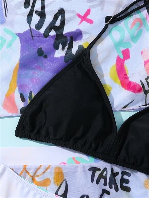Paquetes Conjunto De Bikini Con Estampado De Graffiti Aleatorio Para Chicas Adolescentes
