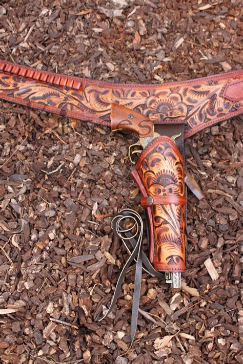 New 44 45 Cal Tooled Holster Gun Belt Drop Loop Leather Western Rig Sass 34 52 Ebay