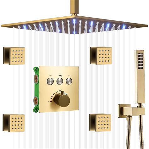 Ayivg Brushed Gold Rainfall Shower System 12 Inch Led Rain Shower Head