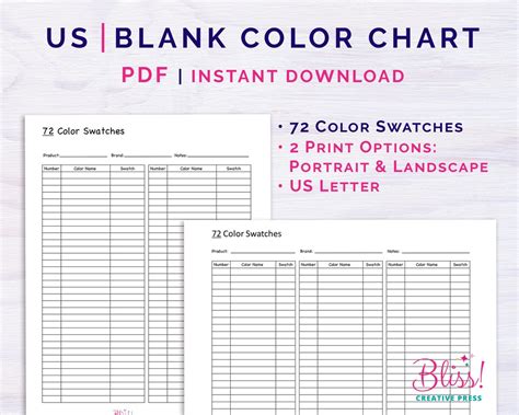 Us Blank Color Swatch Chart 72 Colors Us Letter Portrait Etsy