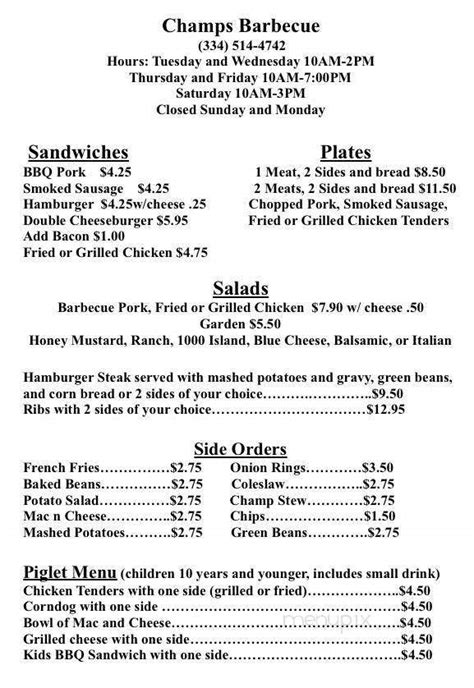 Menu Of Champs Barbeque In Wetumpka Al 36092