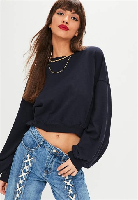 Missguided Navy Cropped Ruched Sleeve Sweatshirt Sweatshirts