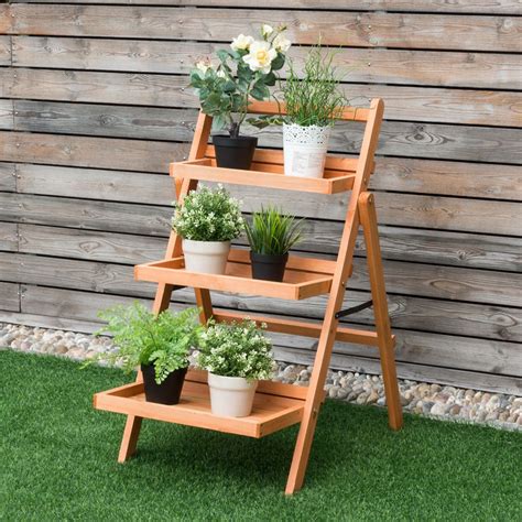 3 Tier Outdoor Wood Flower Folding Pot Shelf Stand Costway Plant