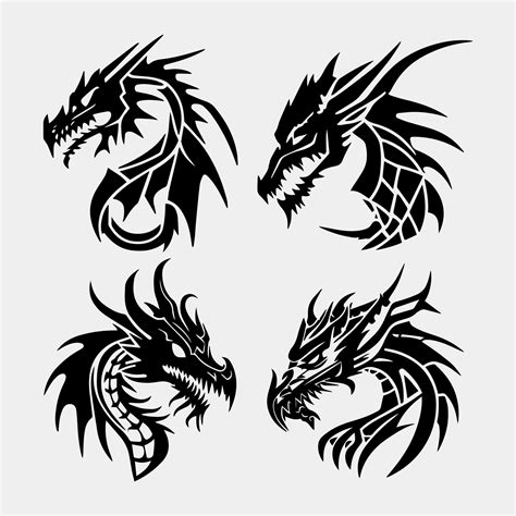 vector illustration, set of round tribal dragon tattoo designs, black ...