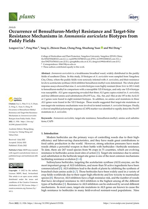 Pdf Occurrence Of Bensulfuron Methyl Resistance And Target Site