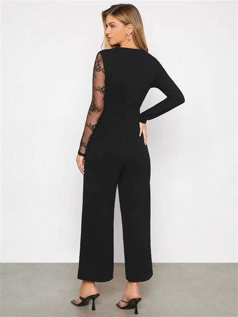 Contrast Lace V Neck Wide Leg Jumpsuit Without Belt Comfy Jumpsuits