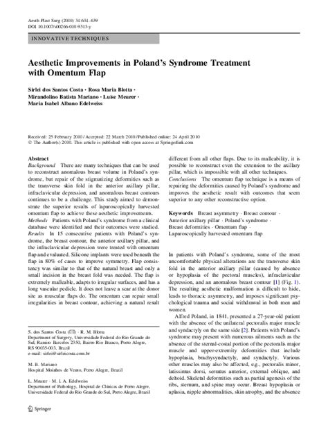 Aesthetic Improvements In Polands Syndrome Treatment With Omentum Flap
