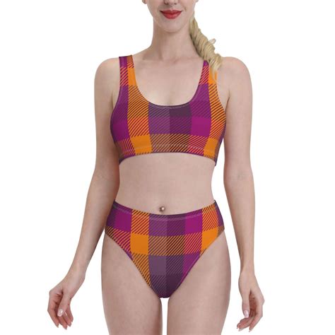 Lukts Women High Waisted Bikini Set Purple Yellow Buffalo Plaid