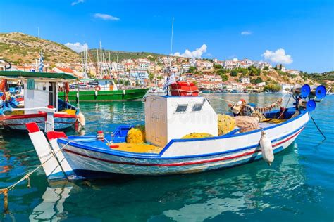 Traditional Greek Fishing Boat In Pythagorion Port Samos Island