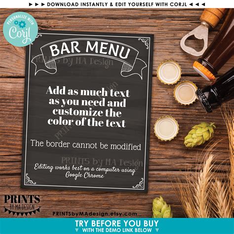 Bar Menu Sign Custom Printable 8x1016x20 Chalkboard Style Etsy