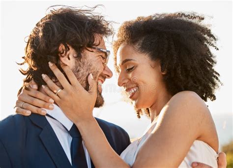 Wedding Hug And Marriage Of A Interracial Couple In Nature Happy About