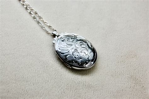 Birks Style Sterling Floral Locket Hand Chased Oval Gem