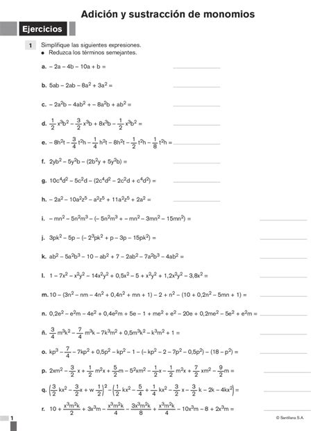 Suma y resta de monomios - Docsity