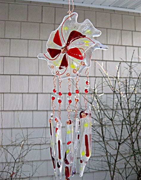 Fused Glass Wind Chimes / Abstract Flower / Red and by Chris1