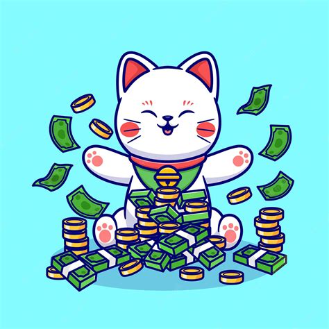 Premium Vector Cute Rich Cat Neko With Money And Gold Coin Cartoon