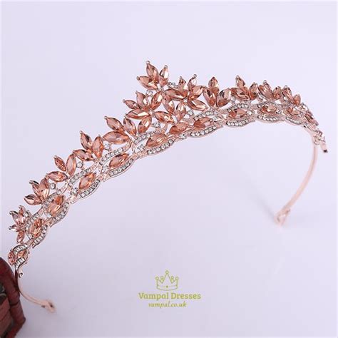 Rose Pink Stylish Baroque Alloy Crystal Leaf Princess Crown Bridal