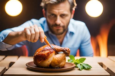 Premium Photo A Man Is Eating A Chicken With A Spoon