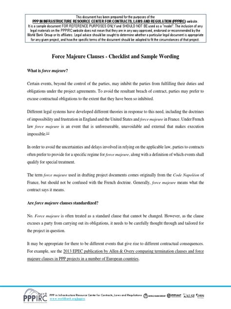 Force Majeure Clauses Checklist Sample Wording En Pdf Public