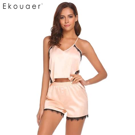 Ekouaer Women Satin Pajamas Set Nightwear Asymmetrical Lace Trim