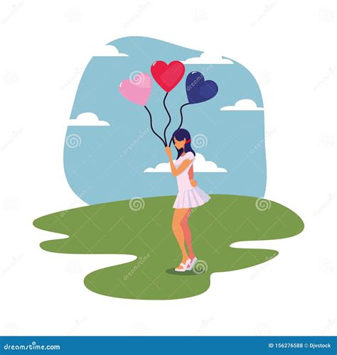 Beautiful Woman With Balloons Hearts Stock Illustration Illustration
