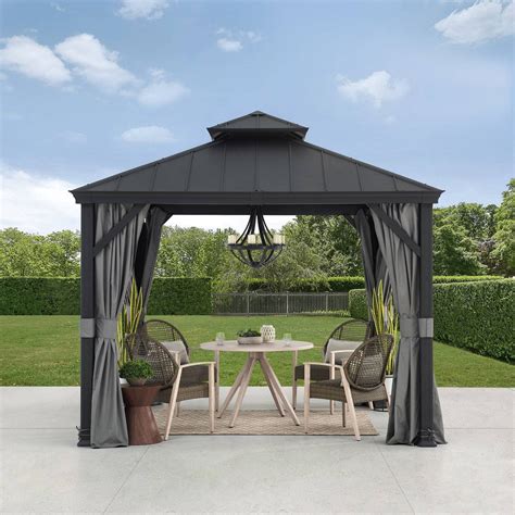 Sunjoy 10x10 Hardtop Gazebo Outdoor Patio Aluminum Frame Gazebo 2 Tier Steel Hardtop Backyard