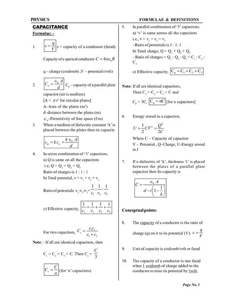 Physics Formula For Class Chapter Capacitance Pw