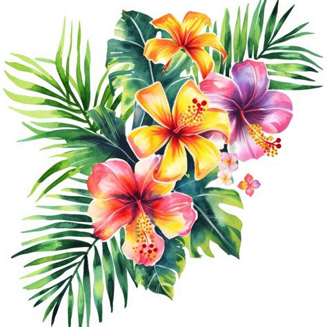 Hawaii Watercolor Clipart Summer Hawaiian Tropical Flowers Luau Palm