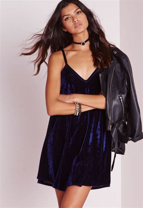 Missguided Strappy Velvet Swing Dress Navy Blue Day Dresses Dresses