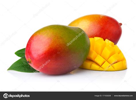 Ripe Mango Fruits With Slices Isolated On White Stock Photo By