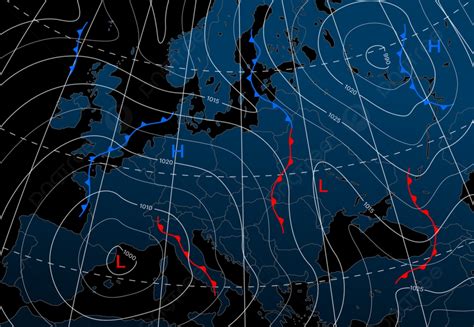 Forecast Weather Isobar Night Map Of Europe Background, Forecast ...